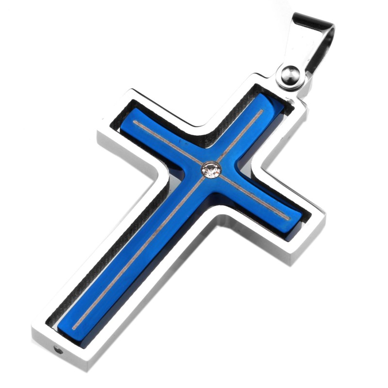 Edelstahl Anhänger Kreuz Blau/Metallic drehbar